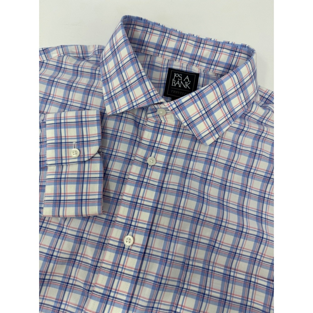 Jos A Bank Men's 17-36 Blue/Pink Plaid Dress Shirt Travelers Tailored Fit G2